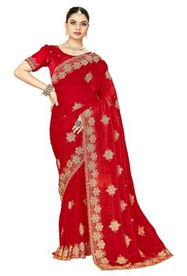 designer red heavy zari embroidery silk blend party wear saree 5