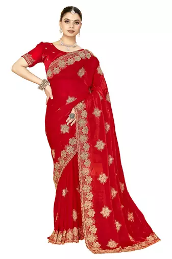 designer red heavy zari embroidery silk blend party wear saree