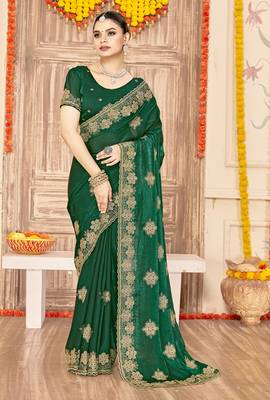 designer bottle green heavy zari embroidery silk blend party wear saree 1