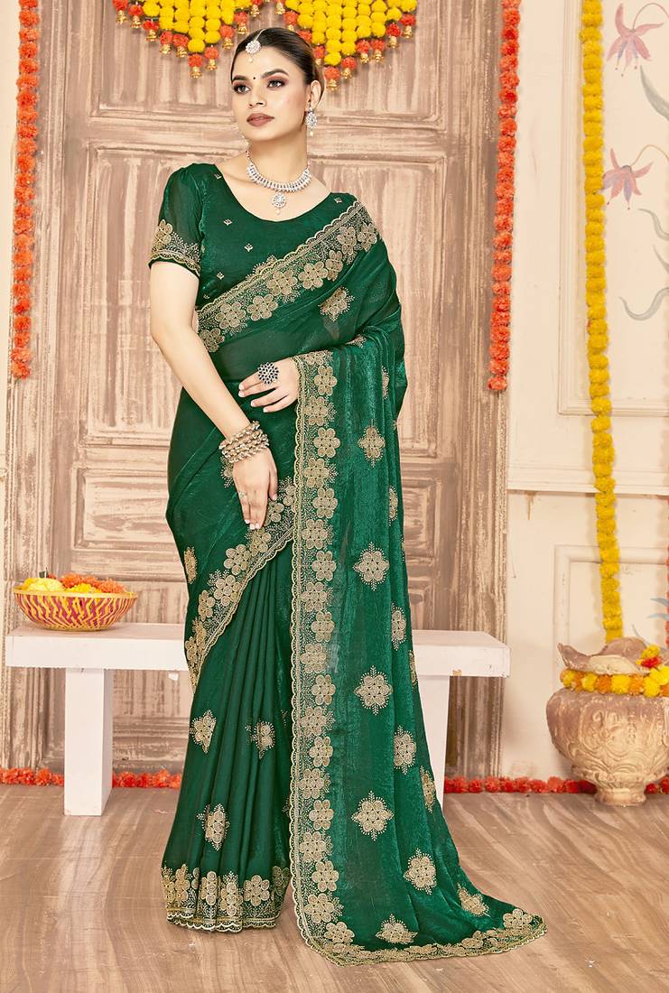 designer bottle green heavy zari embroidery silk blend party wear saree