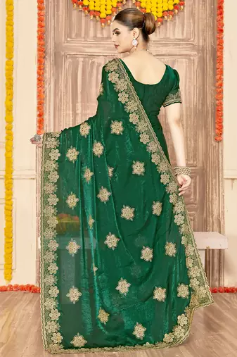 designer bottle green heavy zari embroidery silk blend party wear saree