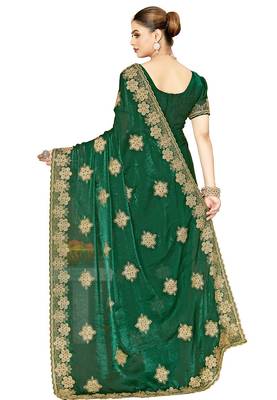designer bottle green heavy zari embroidery silk blend party wear saree 4