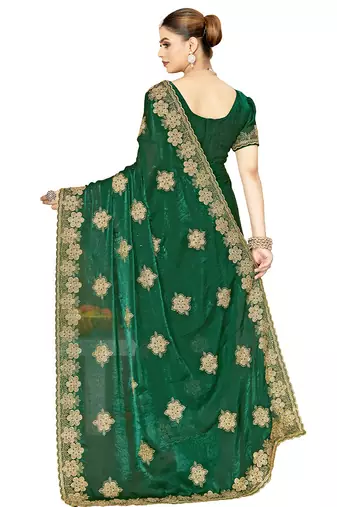 designer bottle green heavy zari embroidery silk blend party wear saree