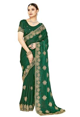 designer bottle green heavy zari embroidery silk blend party wear saree 5