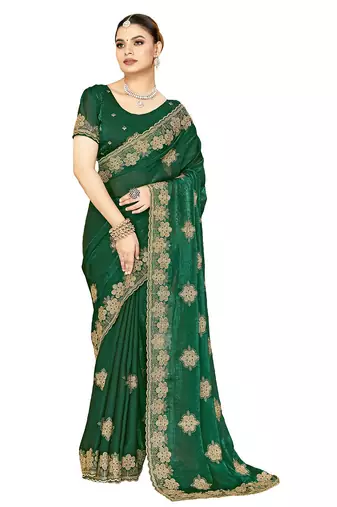 designer bottle green heavy zari embroidery silk blend party wear saree
