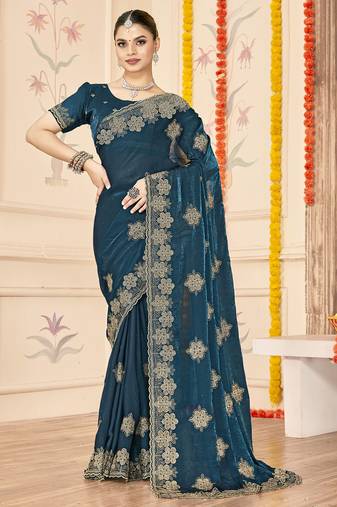 designer teal blue heavy zari embroidery silk blend party wear saree