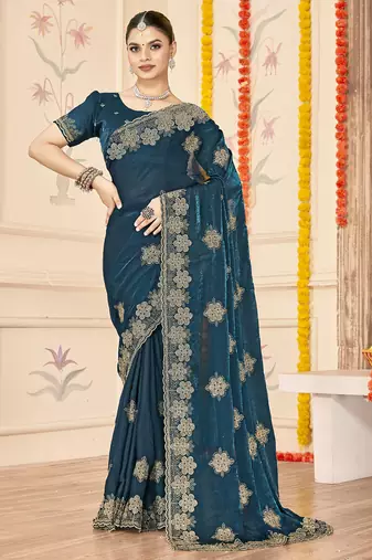 designer teal blue heavy zari embroidery silk blend party wear saree