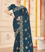 designer teal blue heavy zari embroidery silk blend party wear saree