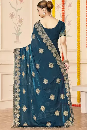 designer teal blue heavy zari embroidery silk blend party wear saree