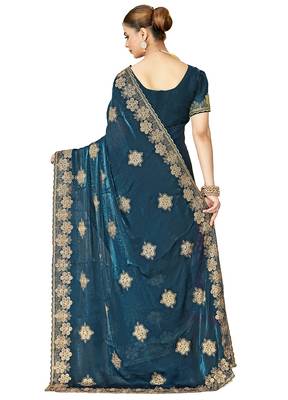 designer teal blue heavy zari embroidery silk blend party wear saree 4