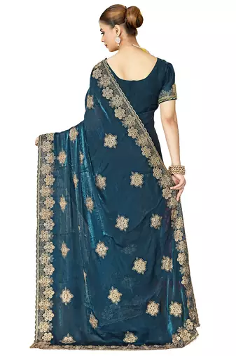 designer teal blue heavy zari embroidery silk blend party wear saree