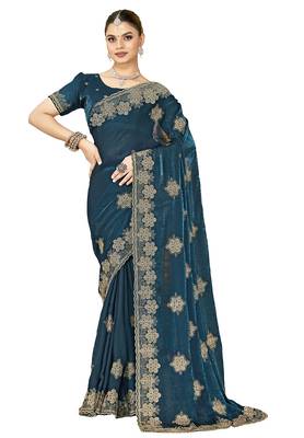 designer teal blue heavy zari embroidery silk blend party wear saree 5
