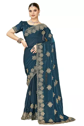 designer teal blue heavy zari embroidery silk blend party wear saree