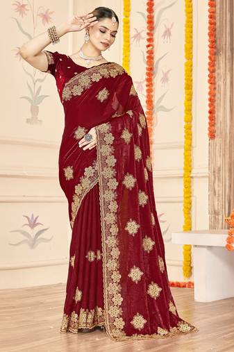 designer maroon heavy zari embroidery silk blend party wear saree