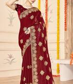 designer maroon heavy zari embroidery silk blend party wear saree