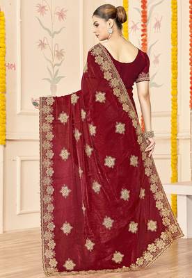 designer maroon heavy zari embroidery silk blend party wear saree 2