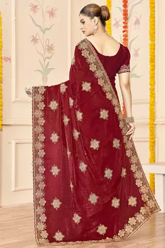 designer maroon heavy zari embroidery silk blend party wear saree
