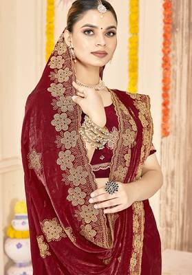 designer maroon heavy zari embroidery silk blend party wear saree 3