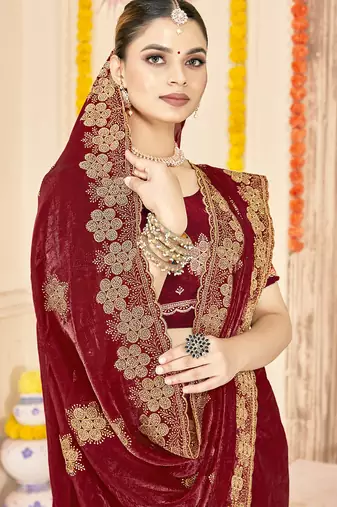 designer maroon heavy zari embroidery silk blend party wear saree