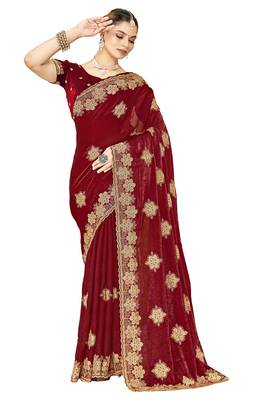 designer maroon heavy zari embroidery silk blend party wear saree 4