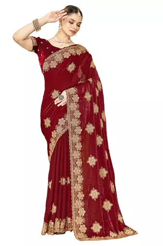 designer maroon heavy zari embroidery silk blend party wear saree