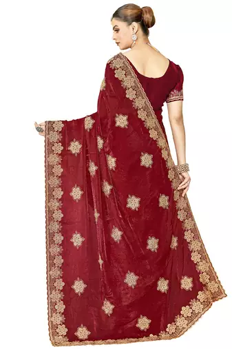 designer maroon heavy zari embroidery silk blend party wear saree