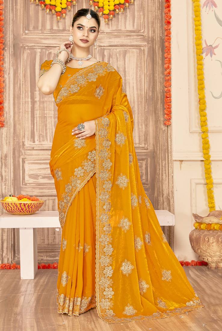 designer mustard heavy zari embroidery silk blend party wear saree