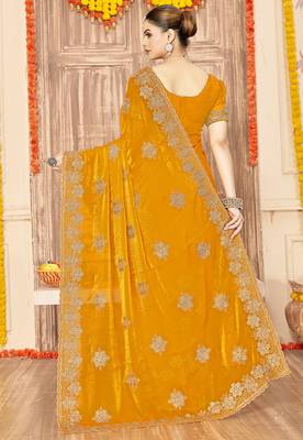 designer mustard heavy zari embroidery silk blend party wear saree 2