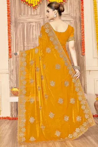 designer mustard heavy zari embroidery silk blend party wear saree