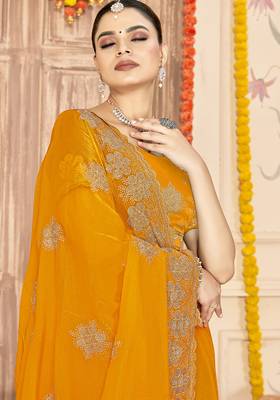 designer mustard heavy zari embroidery silk blend party wear saree 3