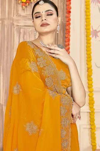 designer mustard heavy zari embroidery silk blend party wear saree