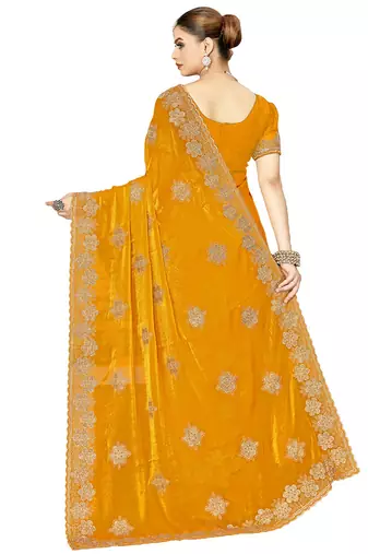 designer mustard heavy zari embroidery silk blend party wear saree
