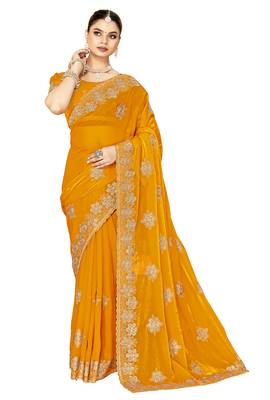 designer mustard heavy zari embroidery silk blend party wear saree 5