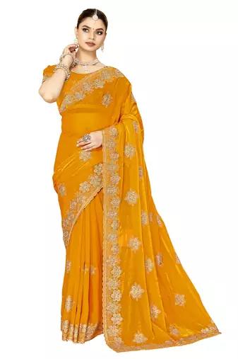 designer mustard heavy zari embroidery silk blend party wear saree