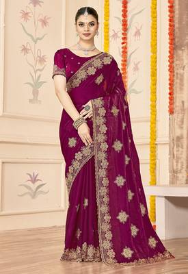 designer wine heavy zari embroidery silk blend party wear saree 1