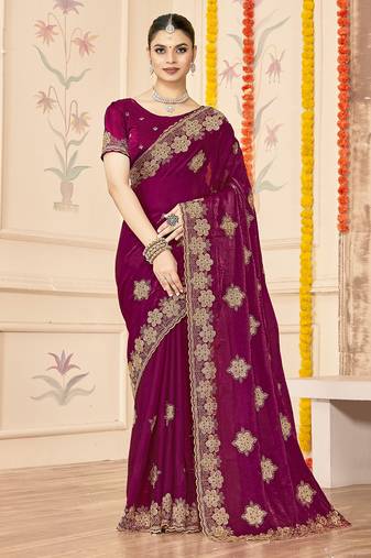 designer wine heavy zari embroidery silk blend party wear saree