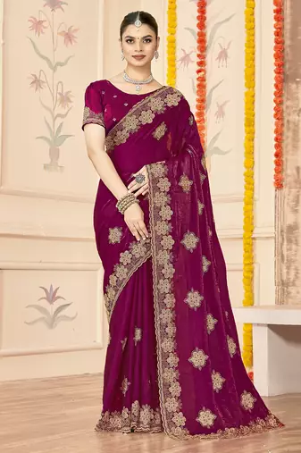 designer wine heavy zari embroidery silk blend party wear saree