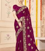 designer wine heavy zari embroidery silk blend party wear saree