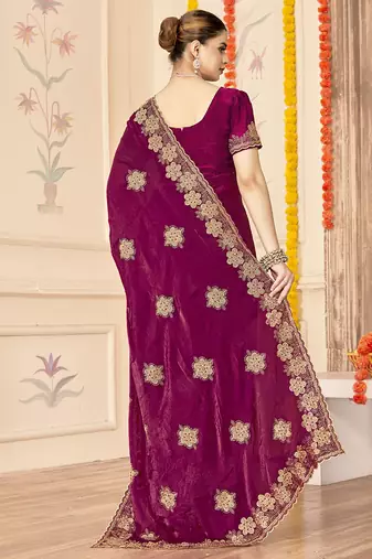 designer wine heavy zari embroidery silk blend party wear saree