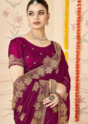 designer wine heavy zari embroidery silk blend party wear saree 3