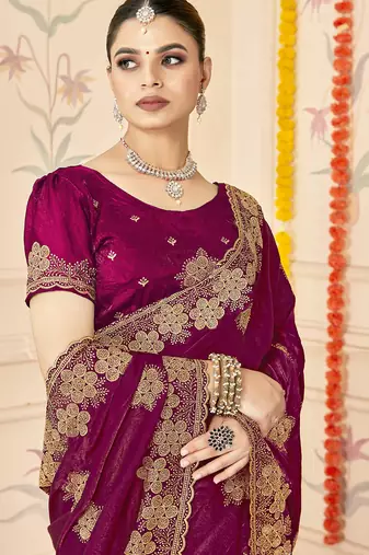 designer wine heavy zari embroidery silk blend party wear saree