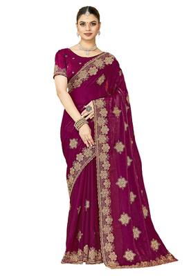 designer wine heavy zari embroidery silk blend party wear saree 4