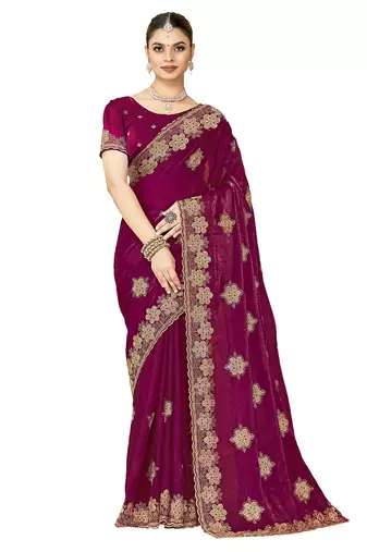 designer wine heavy zari embroidery silk blend party wear saree