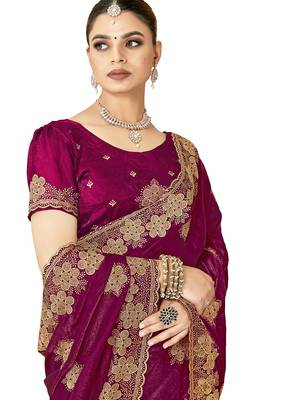 designer wine heavy zari embroidery silk blend party wear saree 5
