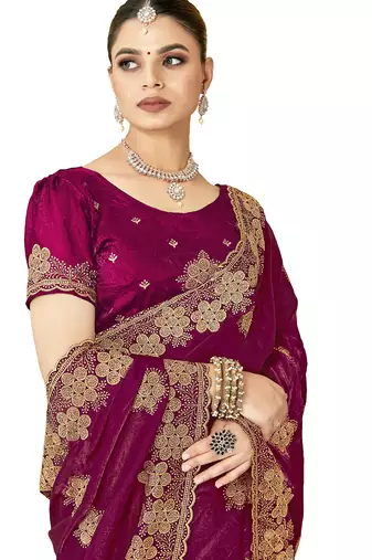designer wine heavy zari embroidery silk blend party wear saree