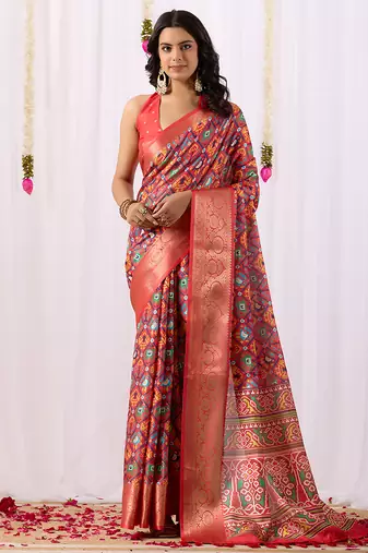 red patola weaving lichi art silk saree with broad border | hand-woven traditional patola saree with matching blouse