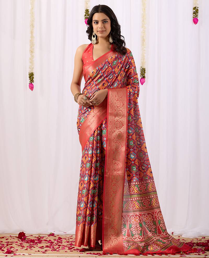 red patola weaving lichi art silk saree with broad border | hand-woven traditional patola saree with matching blouse