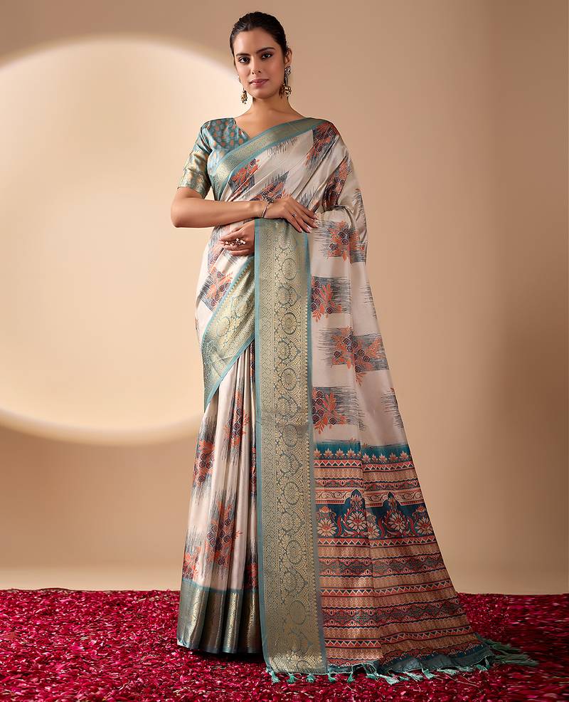 beige soft lichi art silk blend saree with traditional motifs, zari woven border & designer pallu