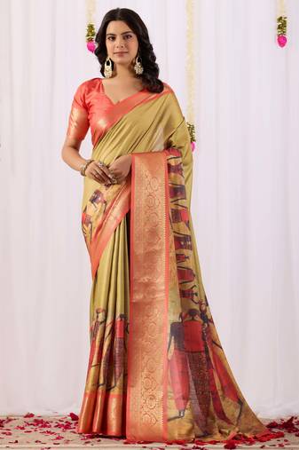 olive printed soft lichi art silk saree with zari weaving border | traditional designer saree with blouse