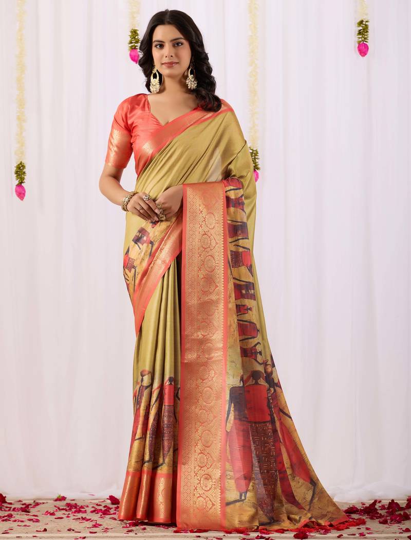 olive printed soft lichi art silk saree with zari weaving border | traditional designer saree with blouse